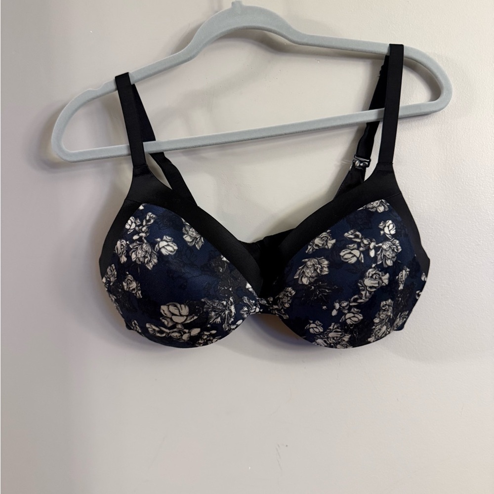 Maidenform Comfort Devotion Floral Print T-Shirt Bra Black Blue